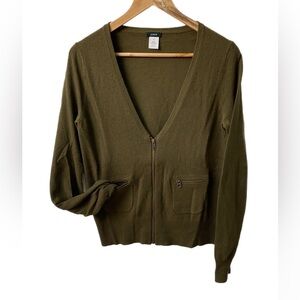 J. Crew Women's Wool Cashmere Blend Vintage V Neck Zip Up Green Sweater Size M